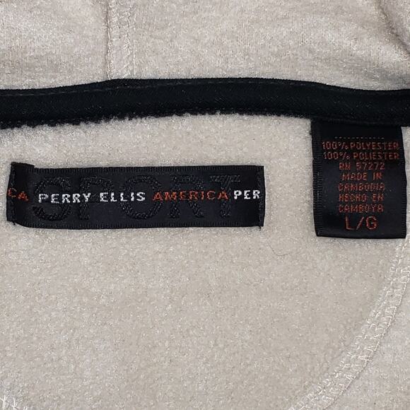 Perry Ellis Beige Fleece Hoodie Jacket L/G – Zip Up, Kangaroo Pocket, Logo - Picture 3 of 10